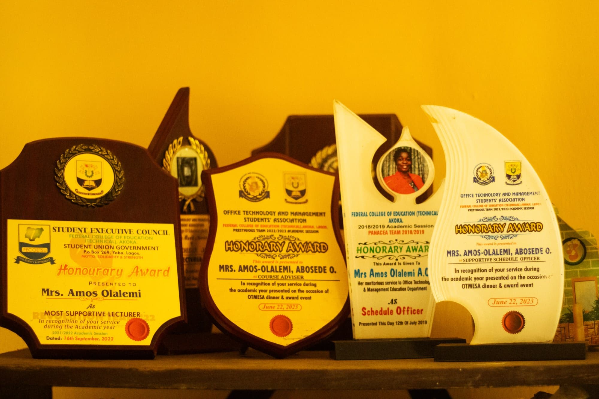 A shelf of honorary award plaques presented to Mrs. Amos-Olalemi, Abosede O. by the Federal College of Education (Technical), Akoka.